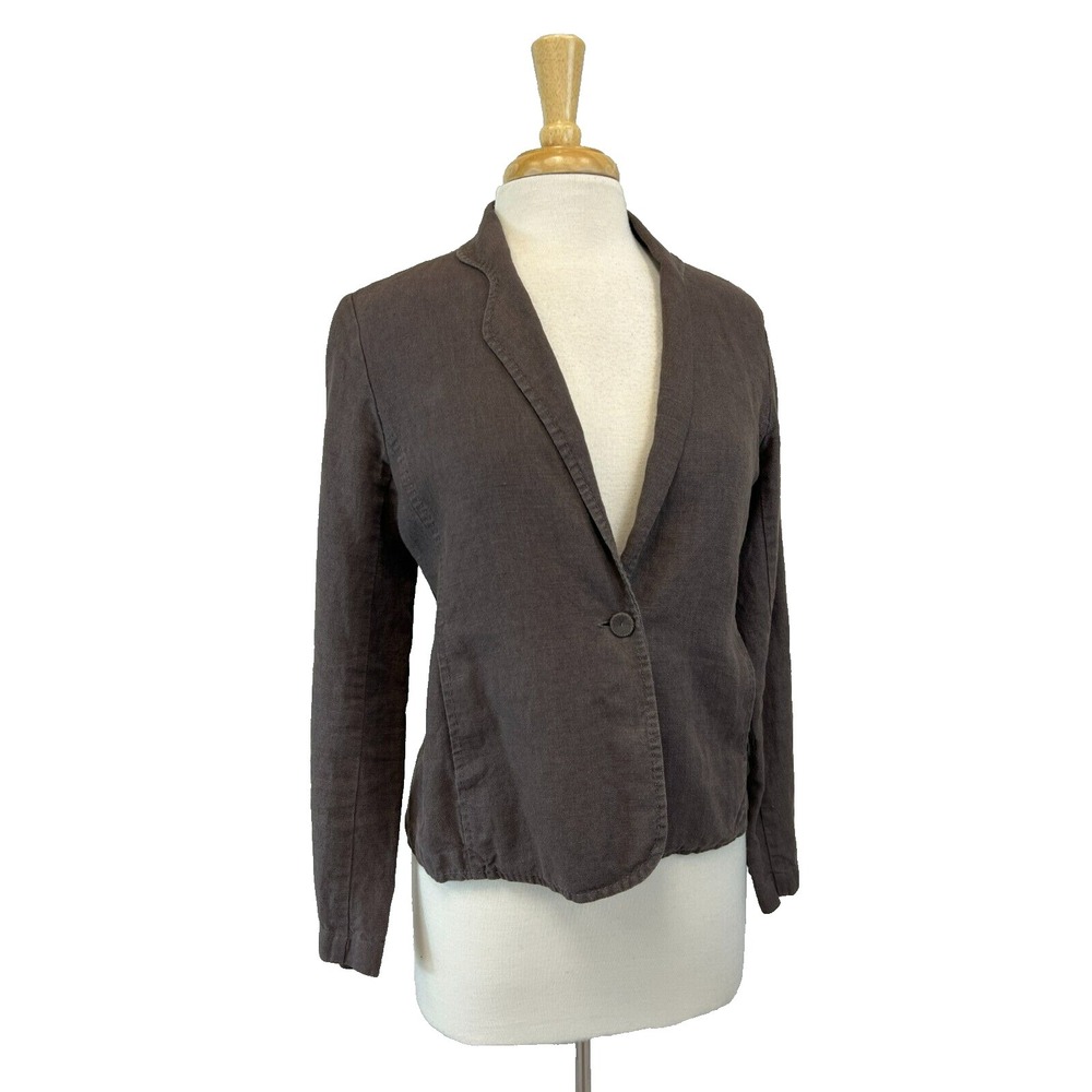 Eileen Fisher Brown One Button Blazer Unlined Irish Linen Pick Stitching SZ S‎